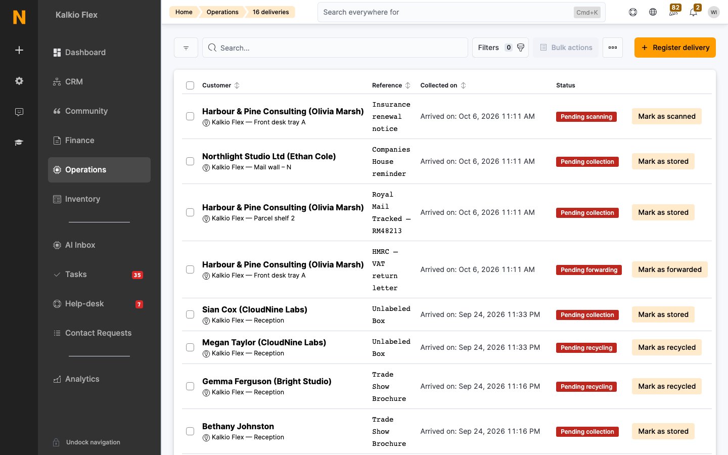 Deliveries list