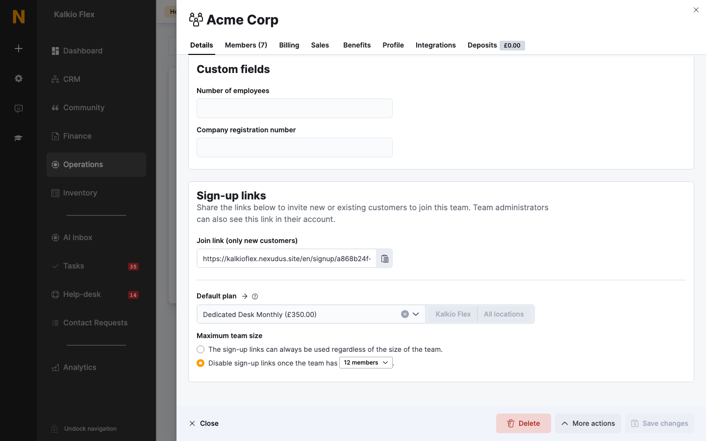 Sign-up links on a team