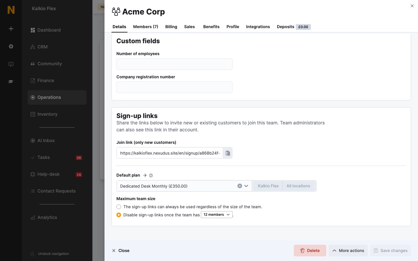 Sign-up links on a team