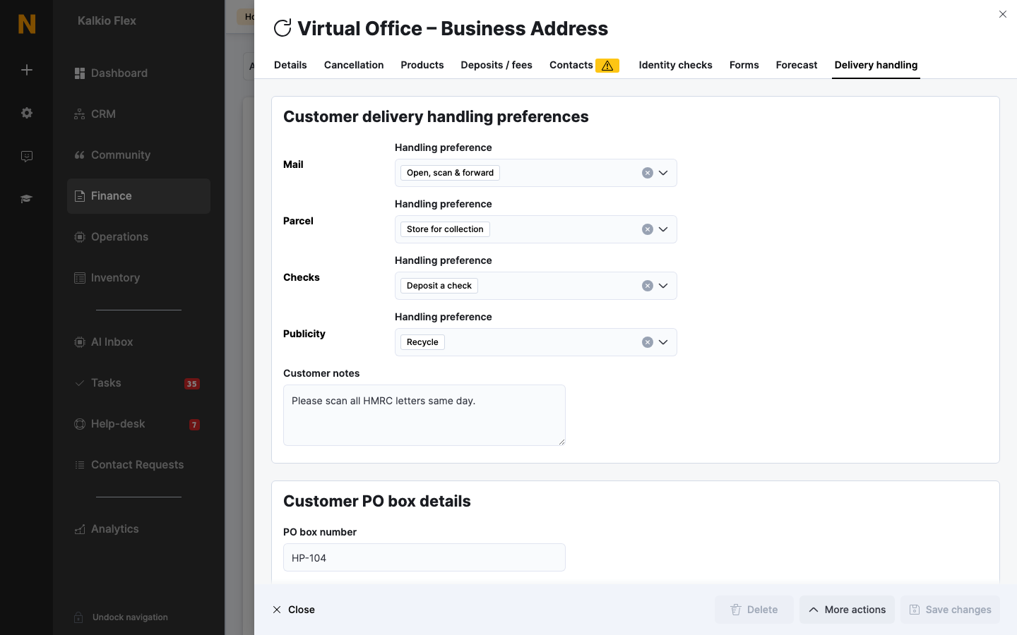 A customer's delivery handling preferences
