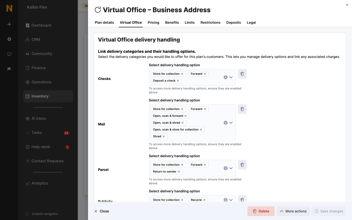 Delivery handling options on a virtual office plan