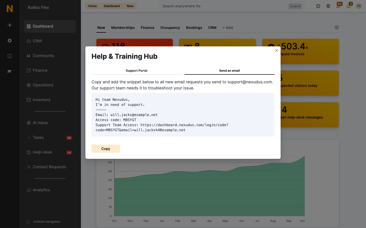 The Send an email tab in the Help & Training Hub, showing the support code snippet with your email, access code, and support team access link