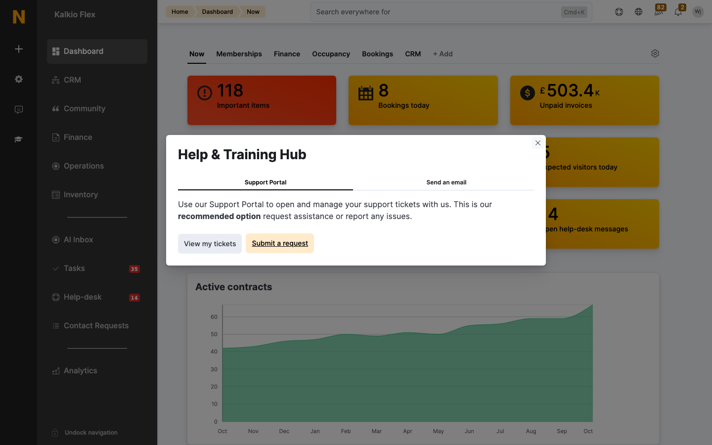 The Support Portal tab in the Help & Training Hub, with View my tickets and Submit a request buttons