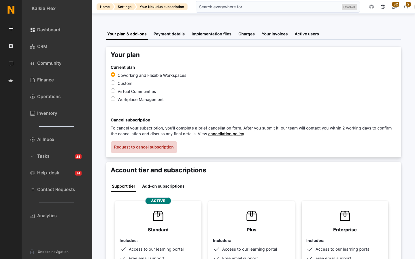 The Your Nexudus subscription screen in the Admin Panel, showing your plan, support tier, and support agent