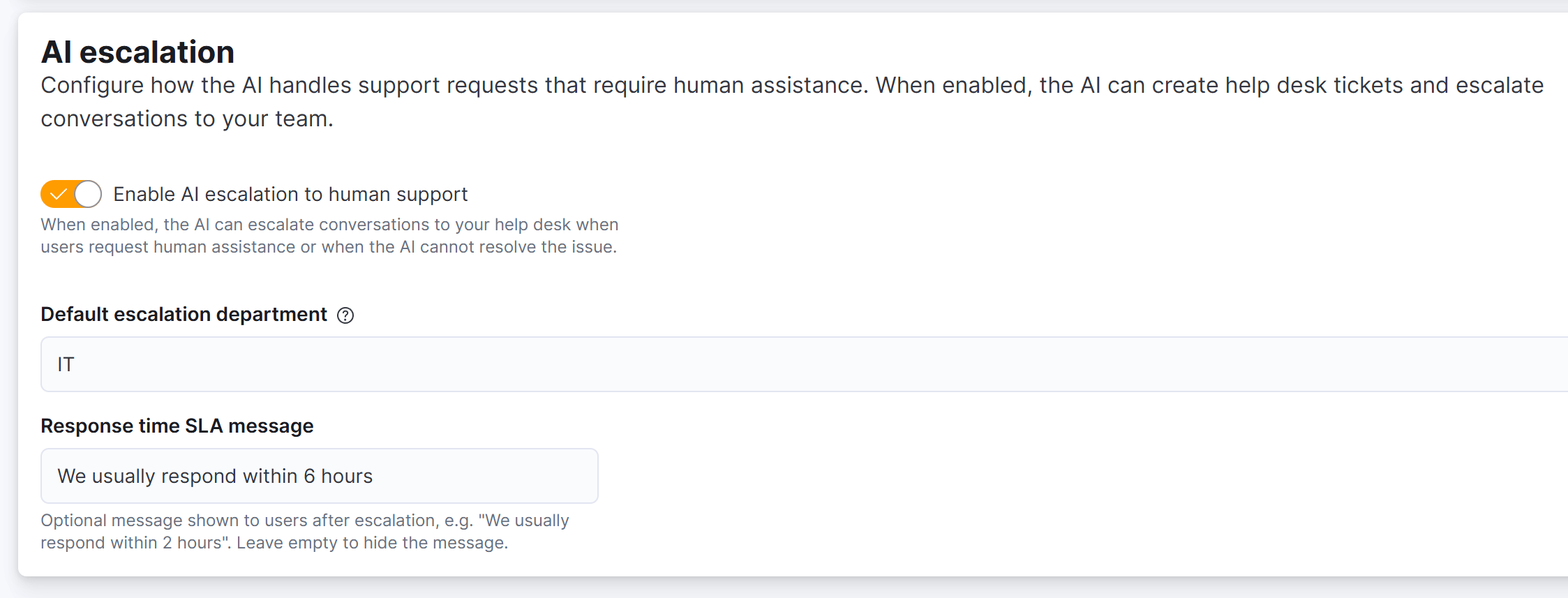 Settings page showing the AI escalation toggle switch