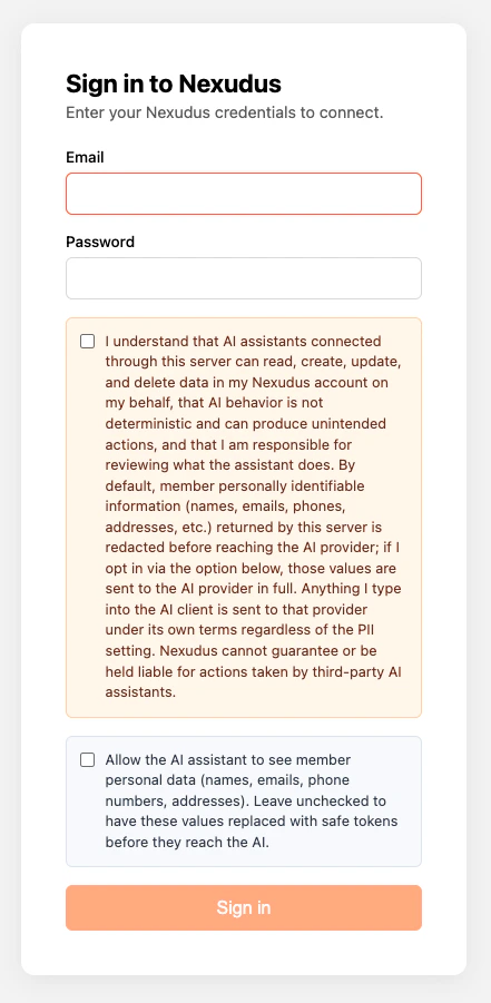 Nexudus MCP sign-in page with the responsibility disclaimer and the PII consent checkbox at the bottom.