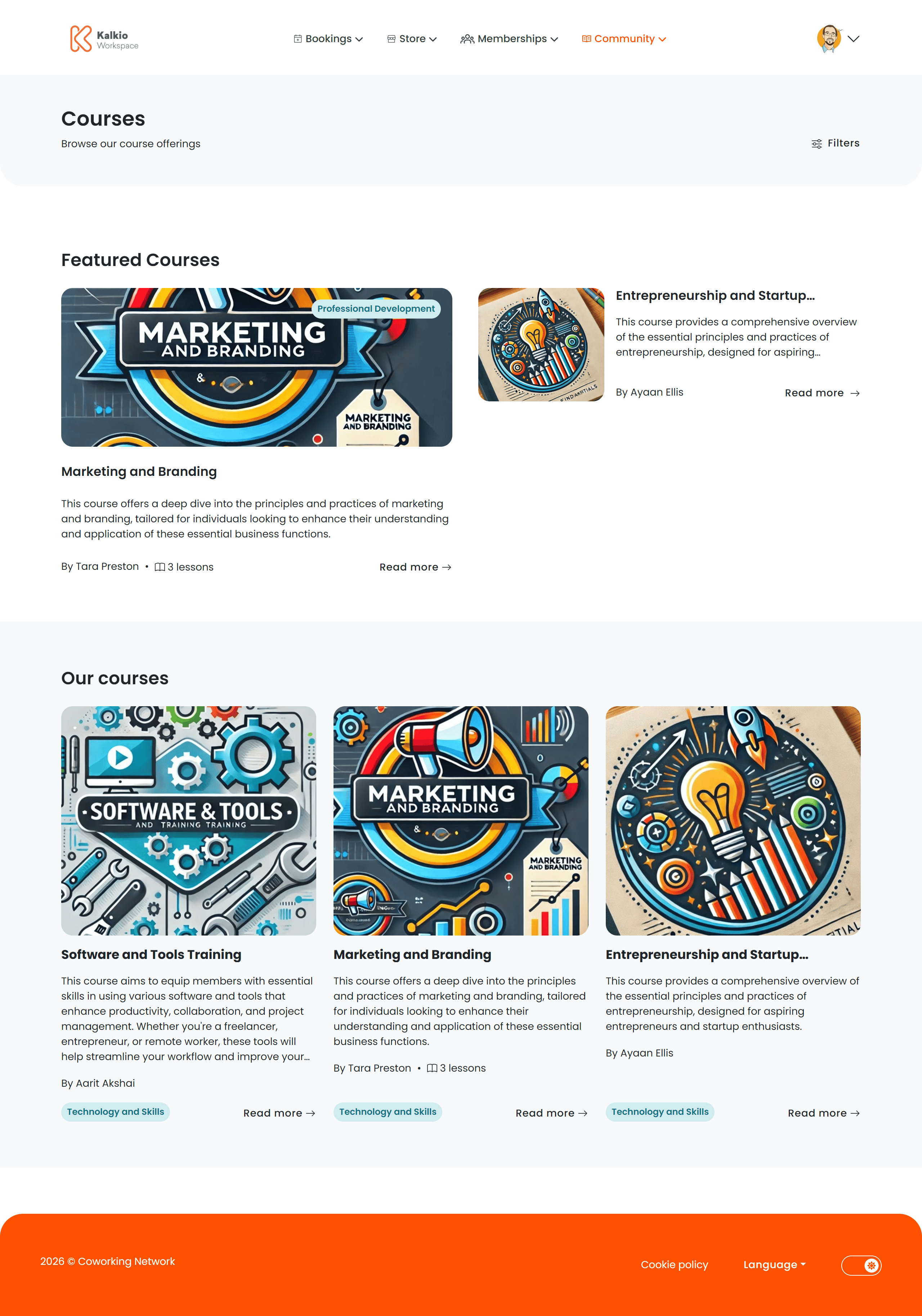 Courses listing page