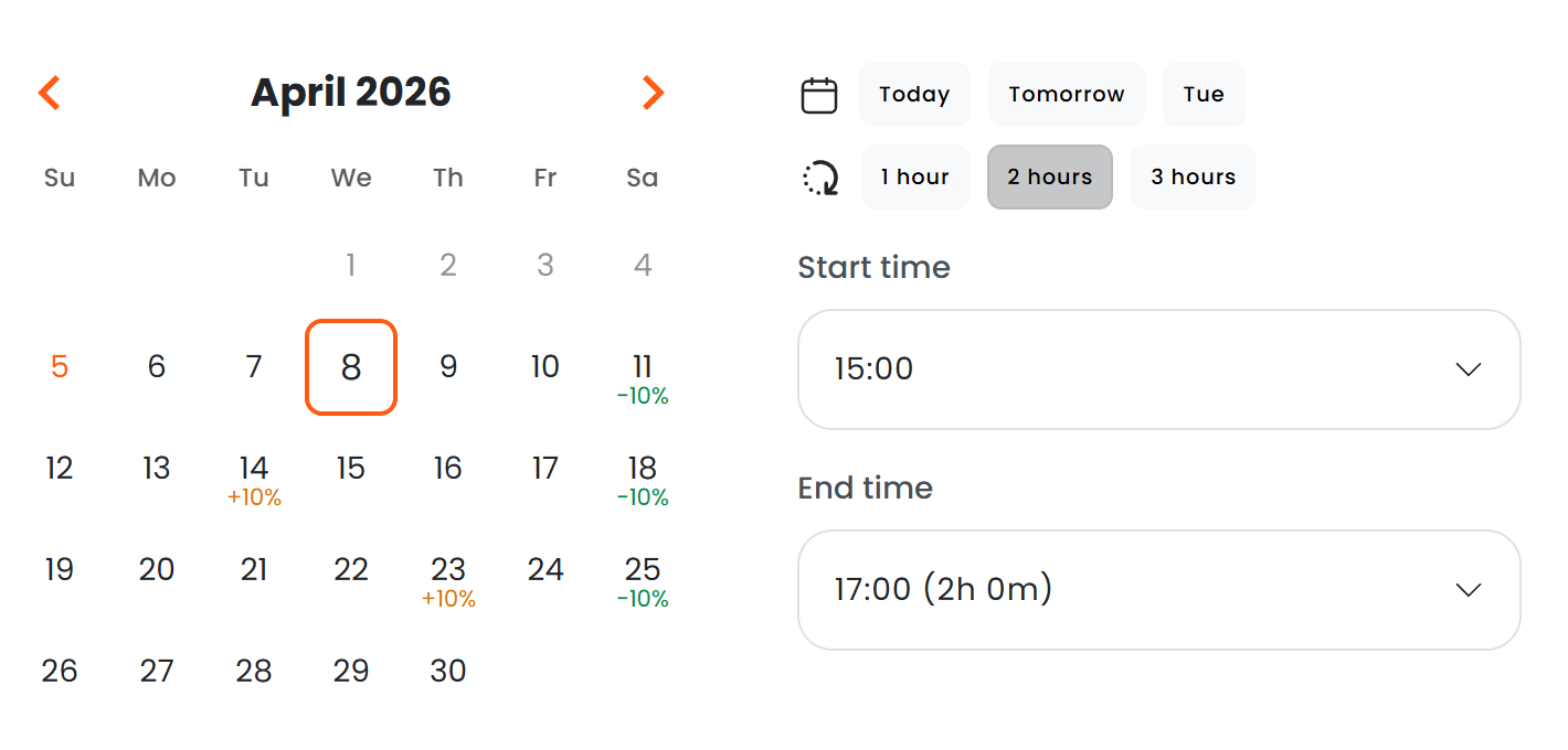 Calendar showing dynamic pricing annotations on each day