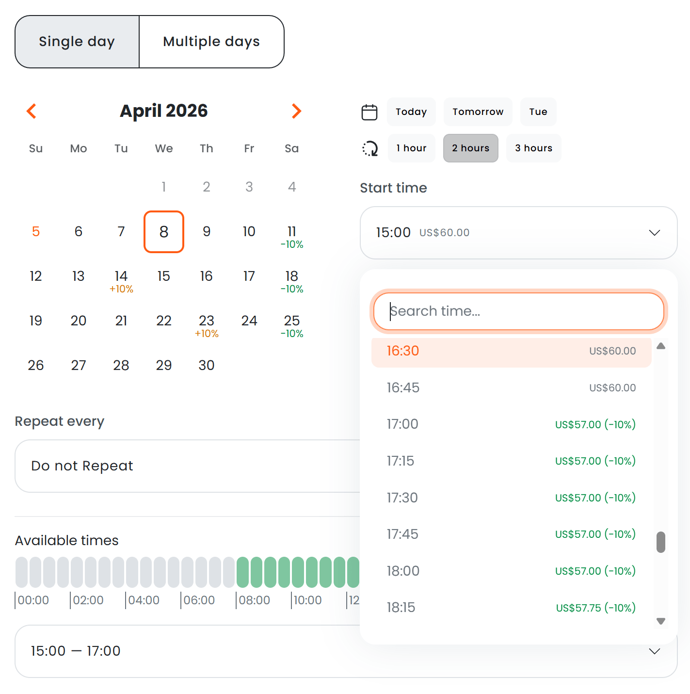 Time selector dropdown showing prices next to each time slot