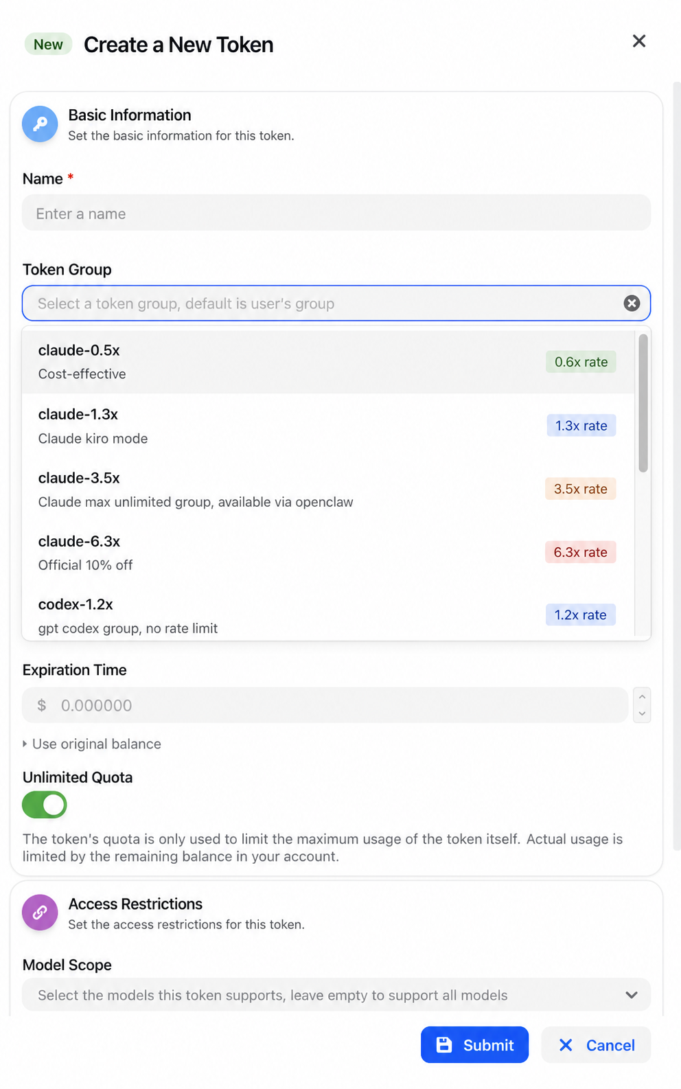 NexusAPI Create Token panel