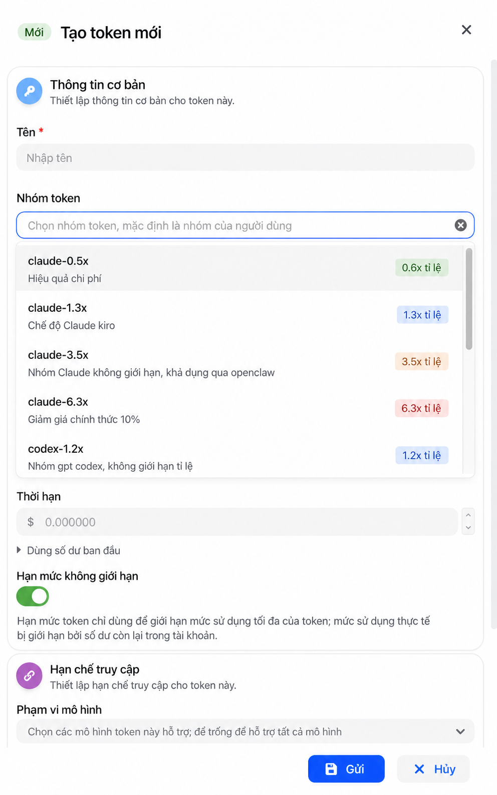 Bảng tạo token NexusAPI