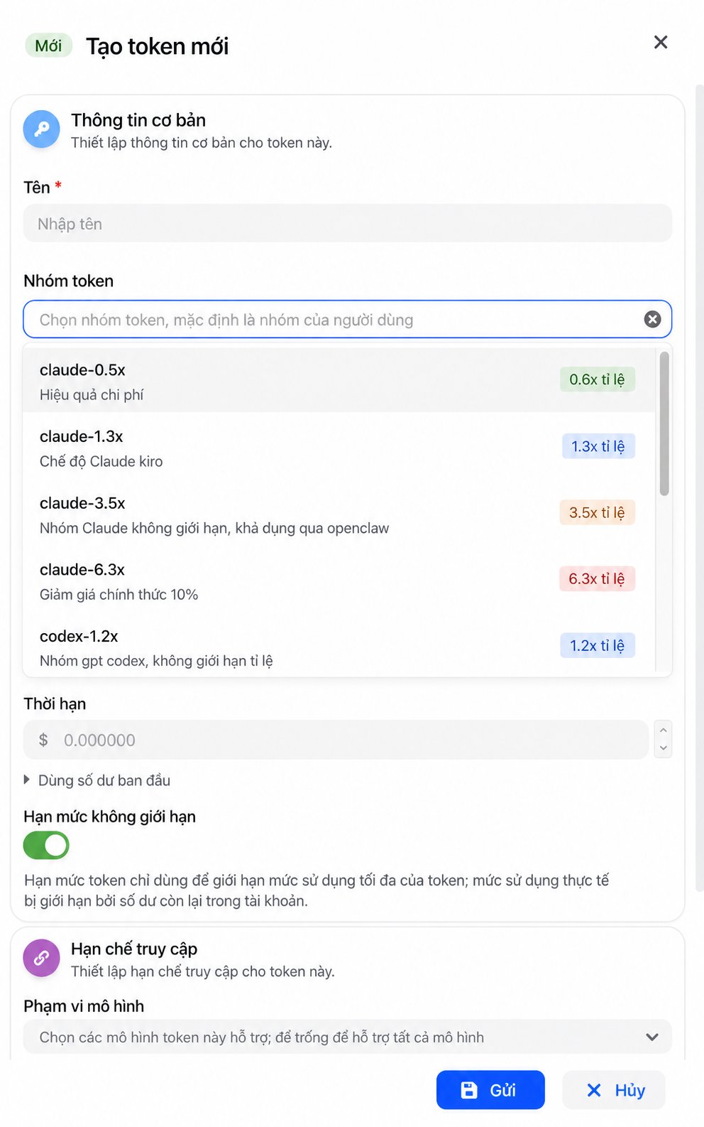 Bảng tạo token NexusAPI