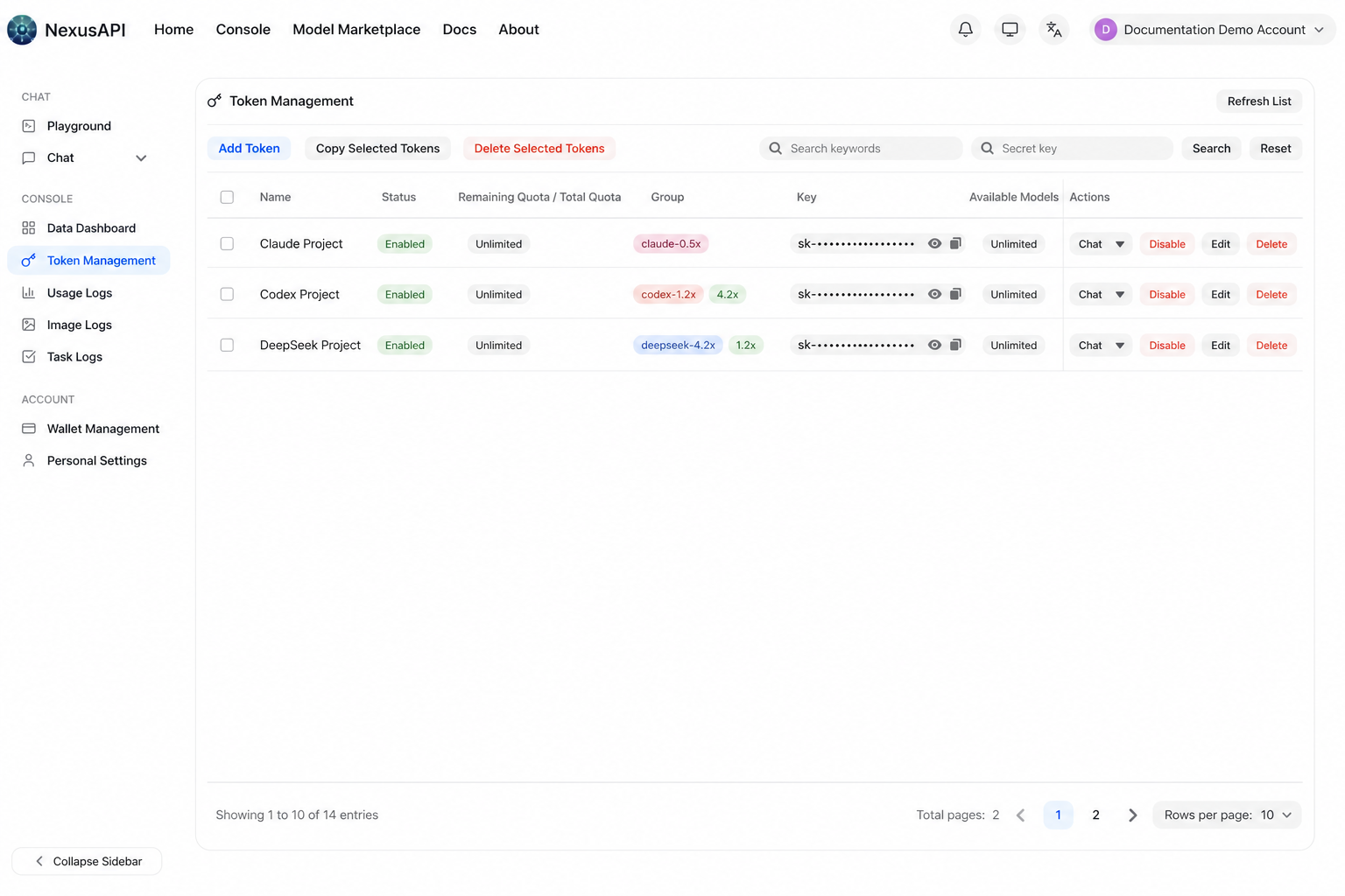 NexusAPI Token Management page with keys and account data masked