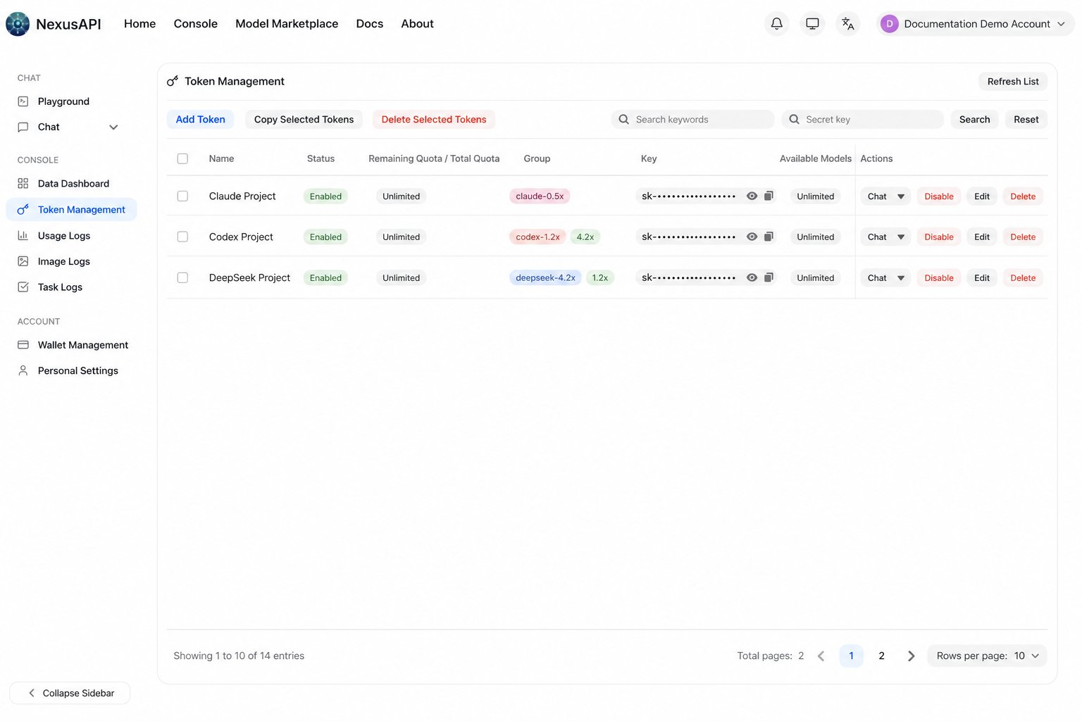 NexusAPI Token Management page with keys and account data masked