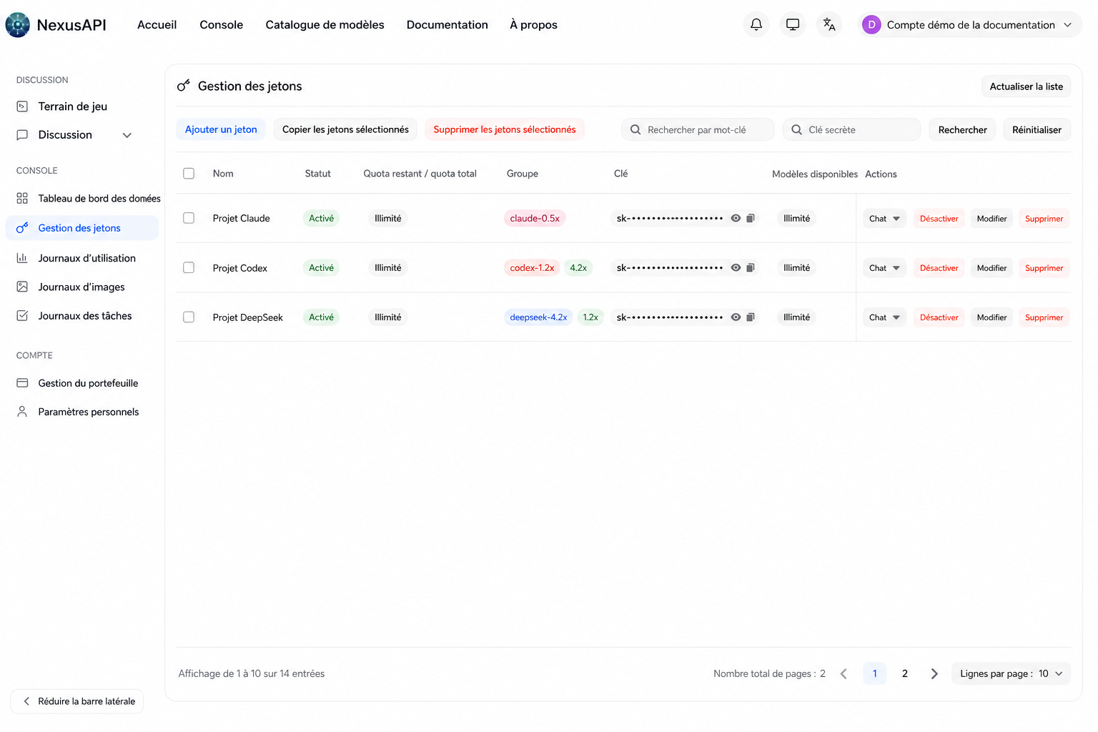 Page NexusAPI de gestion des jetons, avec les clés et les données de compte masquées