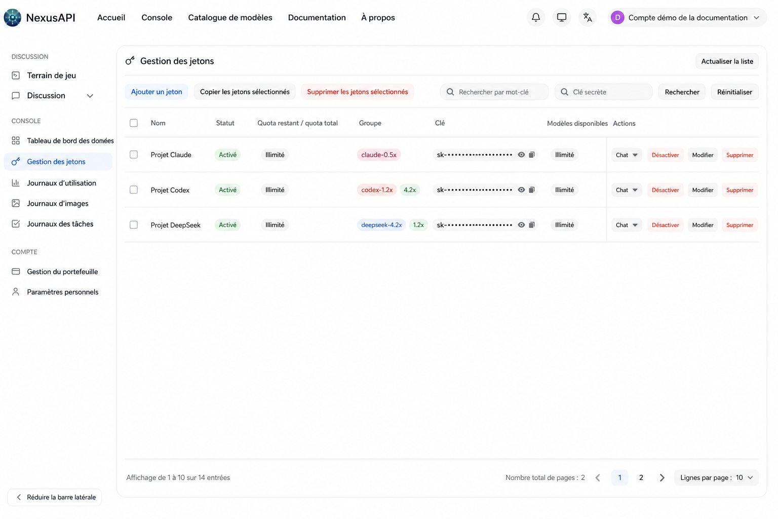 Page NexusAPI de gestion des jetons, avec les clés et les données de compte masquées