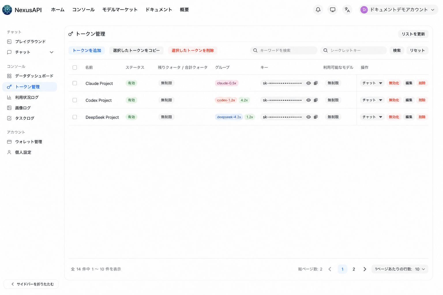 キーとアカウント情報をマスクした NexusAPI のトークン管理画面