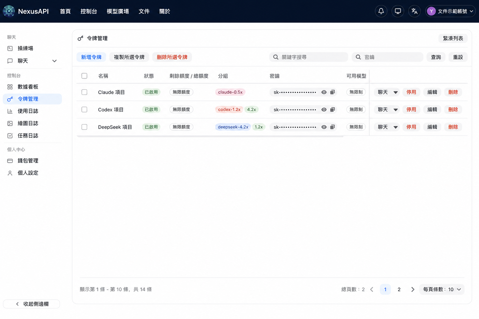 NexusAPI 令牌管理頁面，金鑰與帳號資料均已遮罩