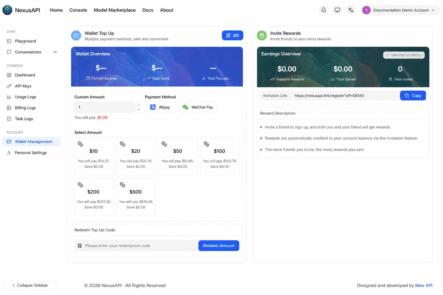 NexusAPI Wallet Management and purchase-credit page, with account data masked