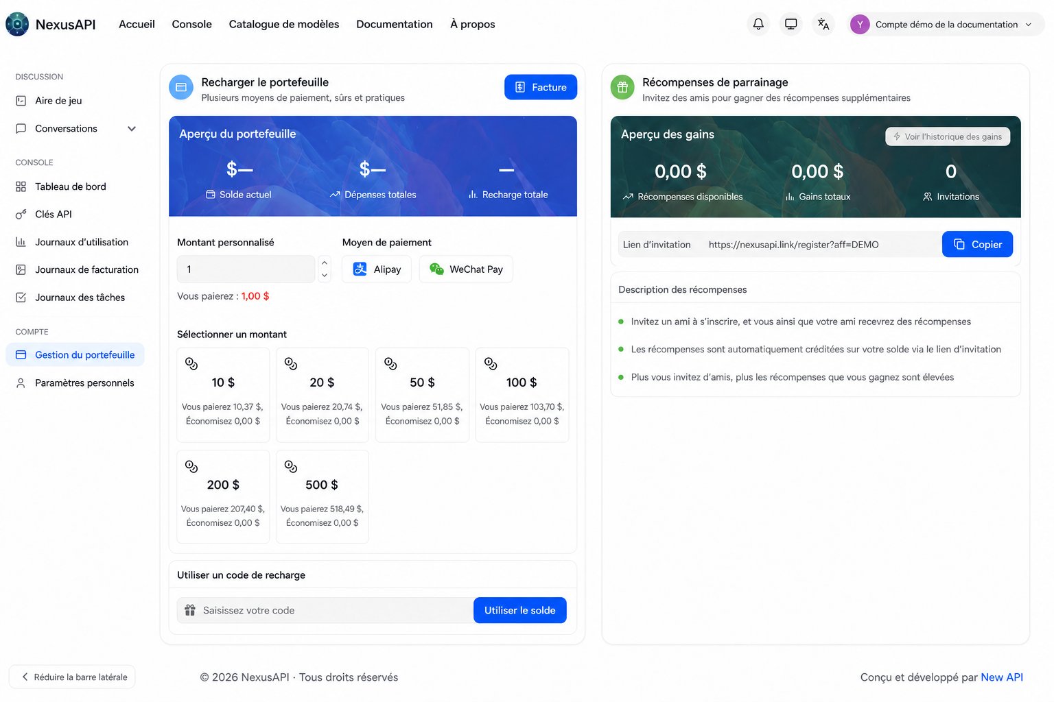 Page NexusAPI de gestion du portefeuille et de recharge en ligne