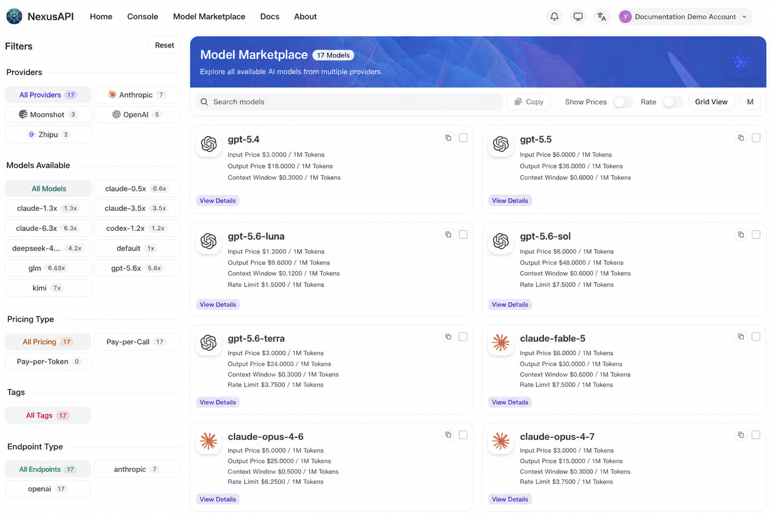 NexusAPI Model Marketplace, filterable by provider and token group