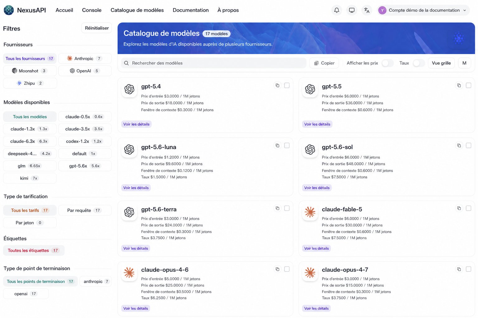 Catalogue NexusAPI filtrable par fournisseur et groupe de jetons