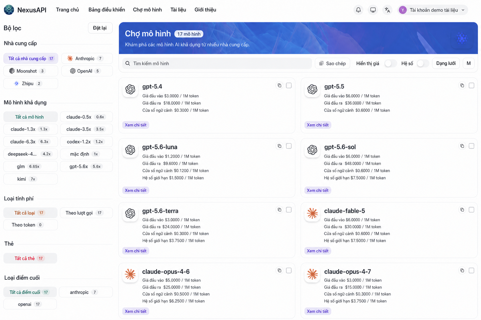 Chợ mô hình NexusAPI có thể lọc theo nhà cung cấp và nhóm token