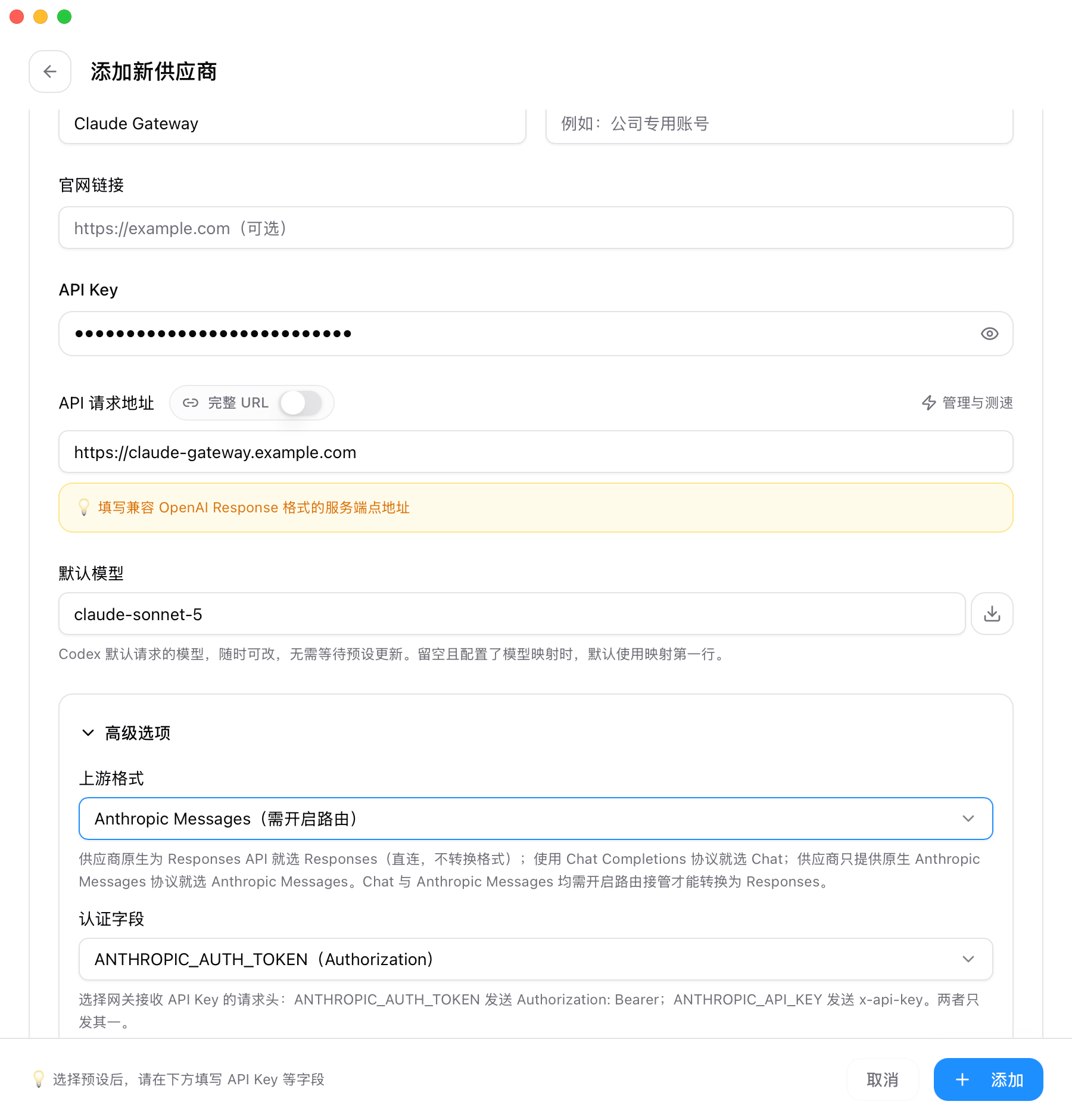 CC Switch 官方 Provider 表单示例,Key 已遮掩