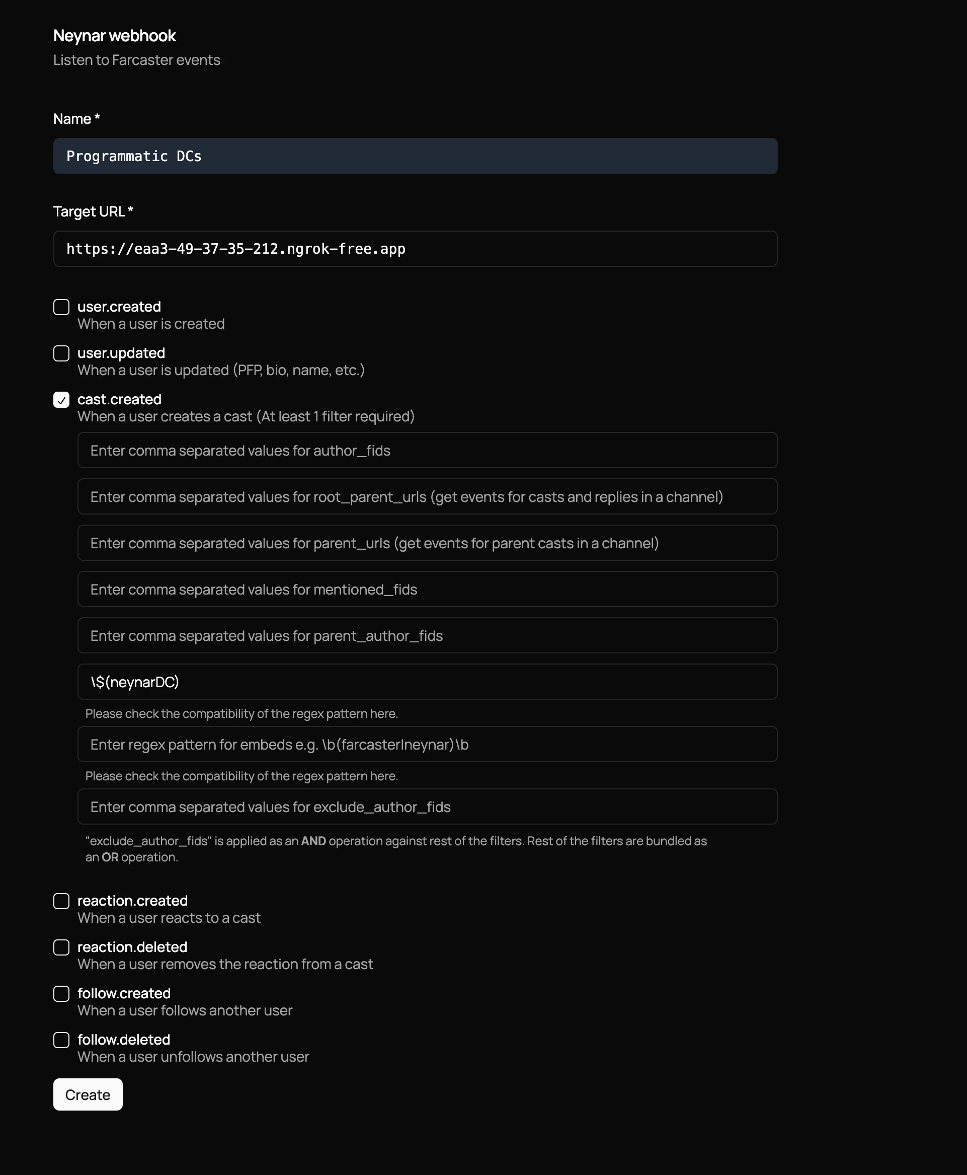 Webhook creation