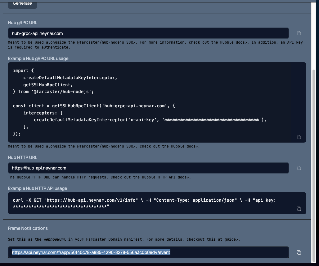 Neynar mini app events webhook URL