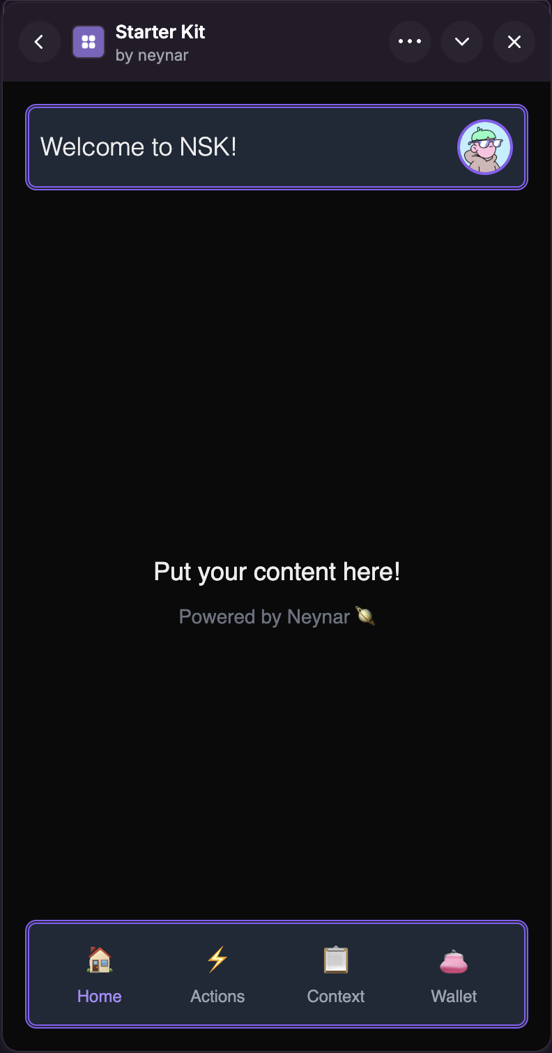 Neynar Starter Kit demo app screenshot in dark mode