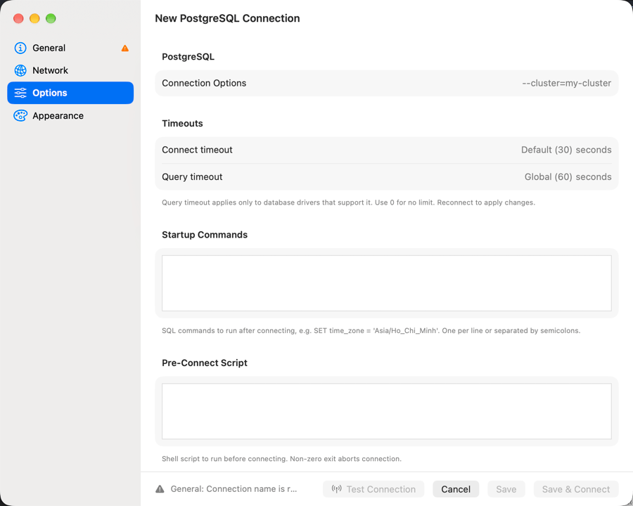 PostgreSQL connection Options pane with Connect timeout and Query timeout fields using their inherited defaults