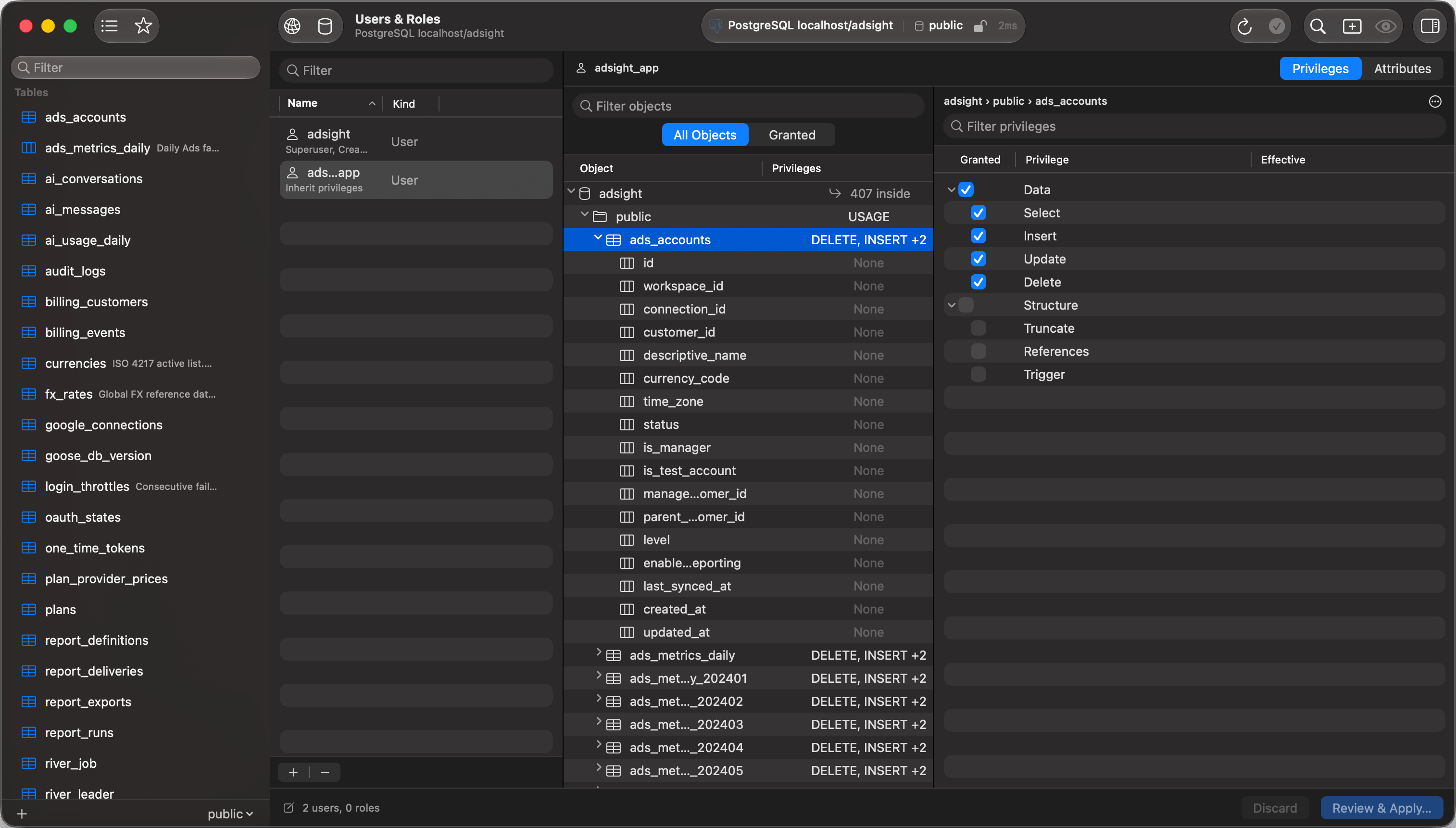 Users and Roles tab with the account list, object tree, and privilege checklist