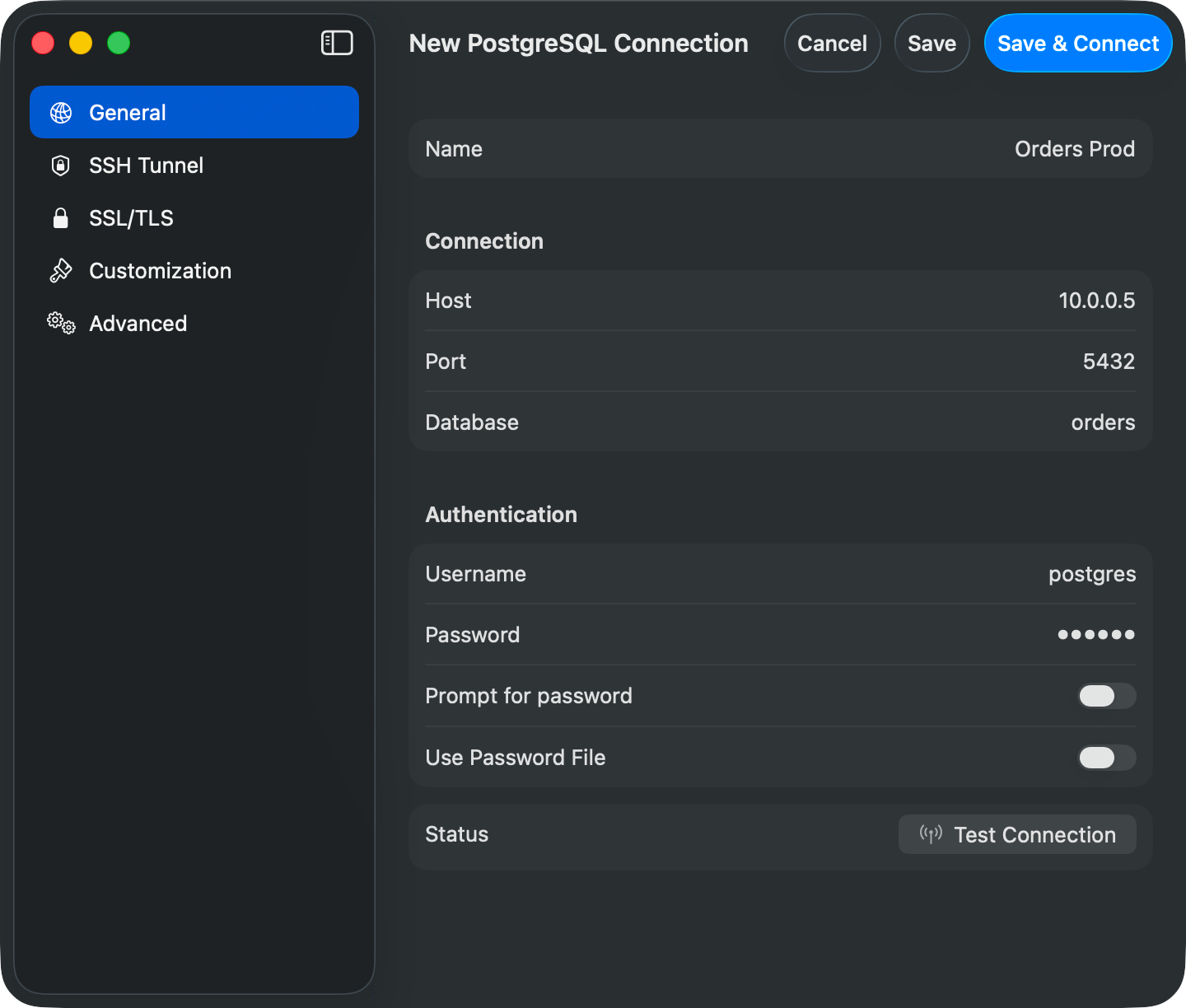 PostgreSQL connection form