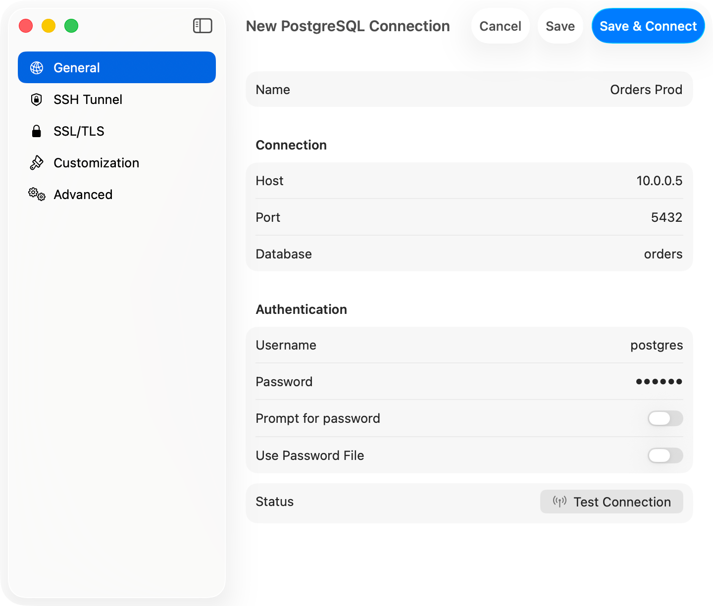 PostgreSQL connection form