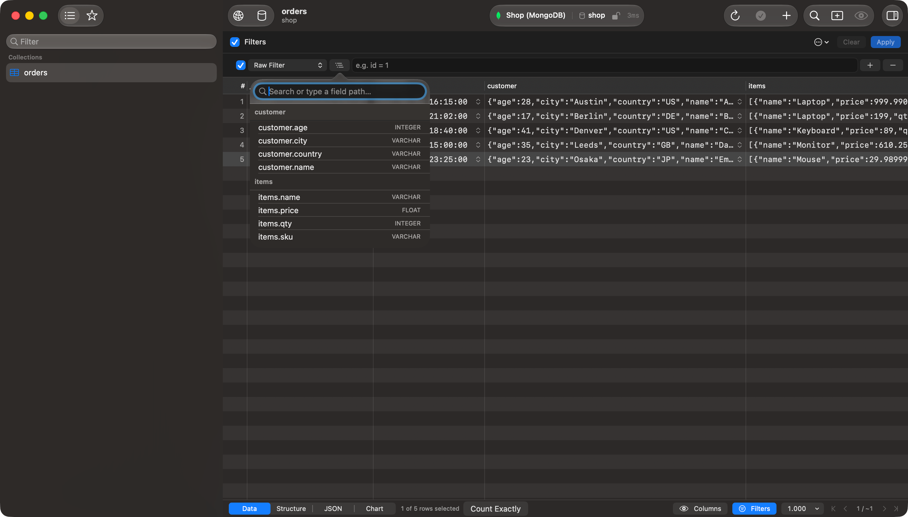 Filter column picker with nested paths grouped under their top-level field