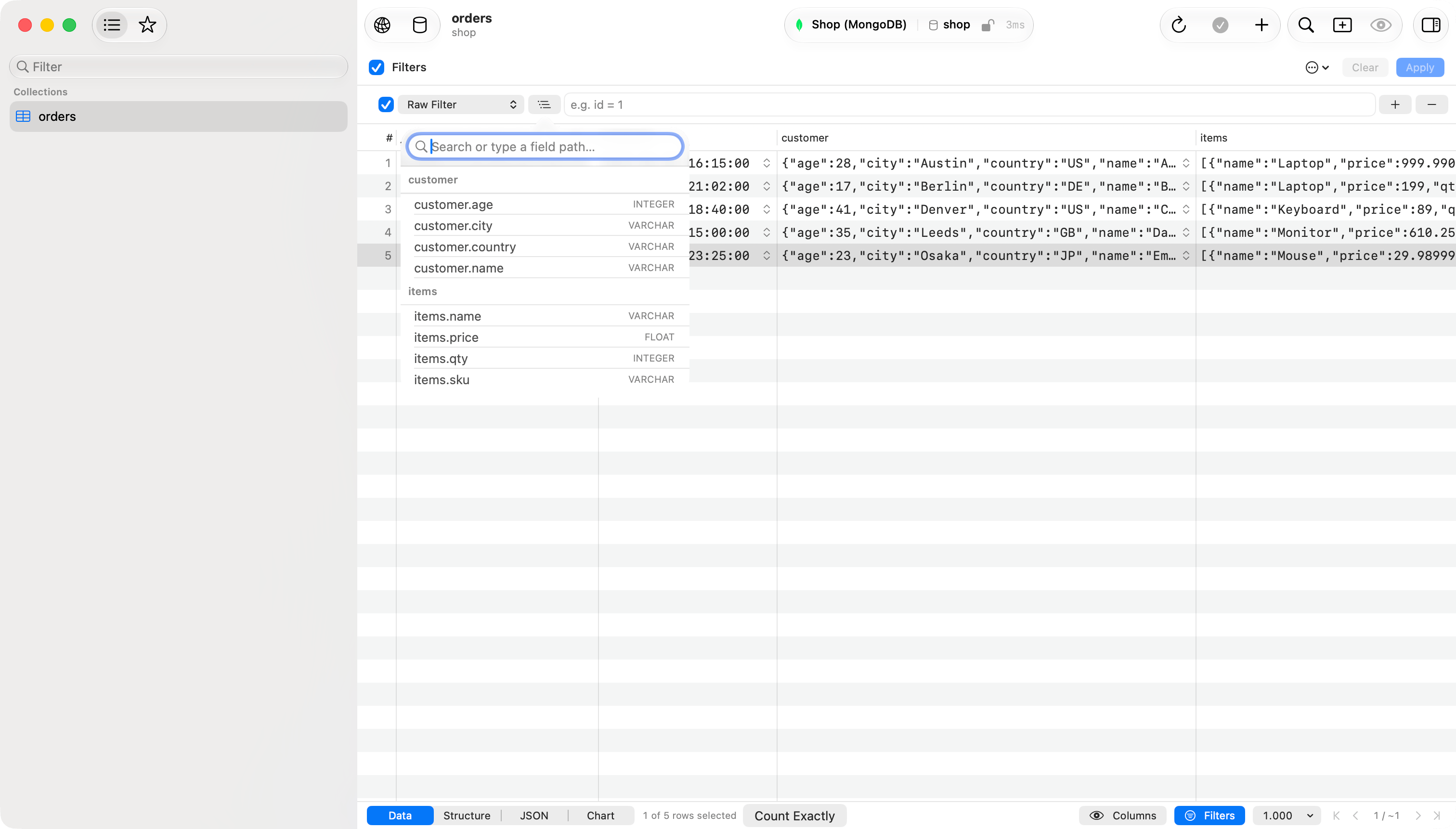 Filter column picker with nested paths grouped under their top-level field