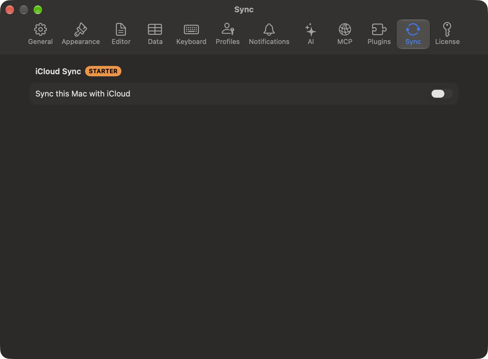 Sync pane with the Sync this Mac with iCloud switch and its Starter badge