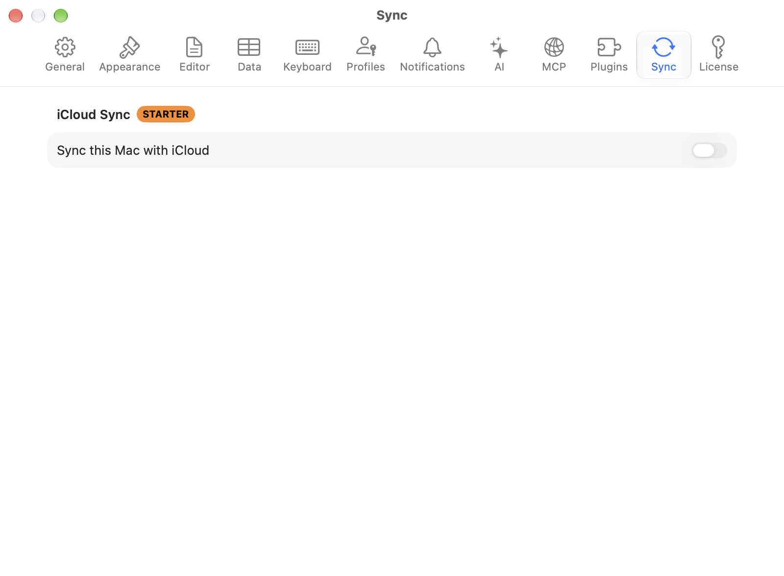 Sync pane with the Sync this Mac with iCloud switch and its Starter badge