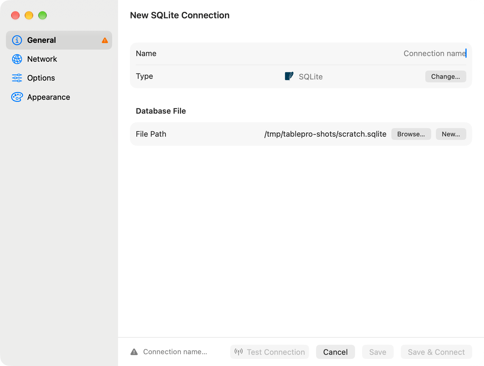 SQLite connection form with a file path, Browse and New buttons