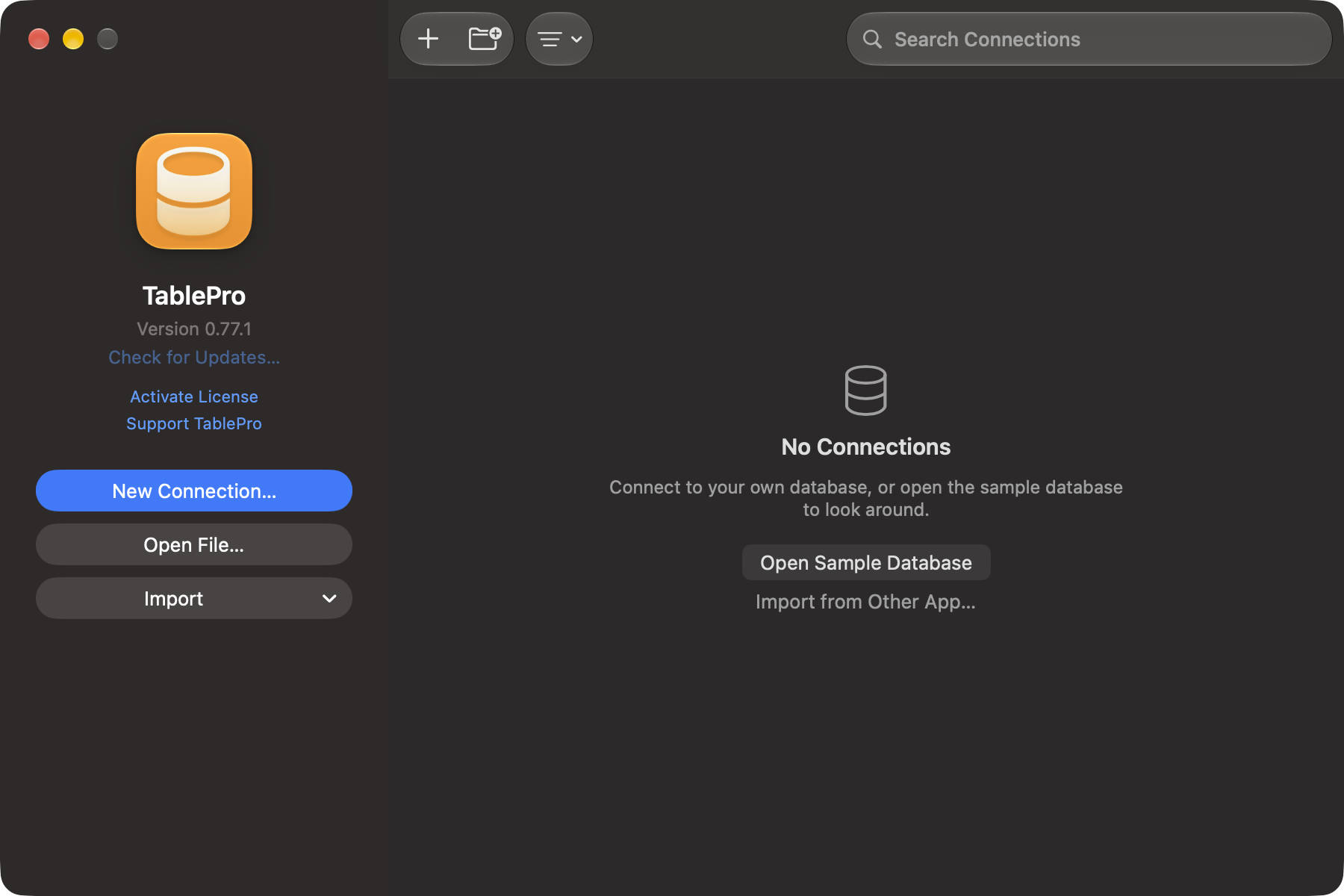 Welcome window with New Connection, Open File and Import on the left, and a search field over an empty connection list offering the sample database