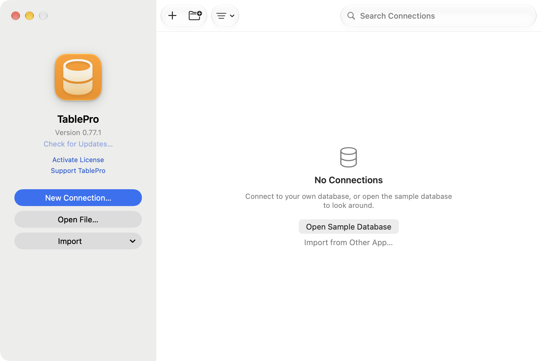 Welcome window with New Connection, Open File and Import on the left, and a search field over an empty connection list offering the sample database