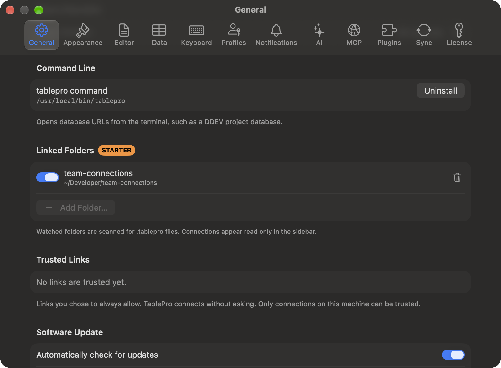 General pane with one linked folder, its on switch and the Add Folder button