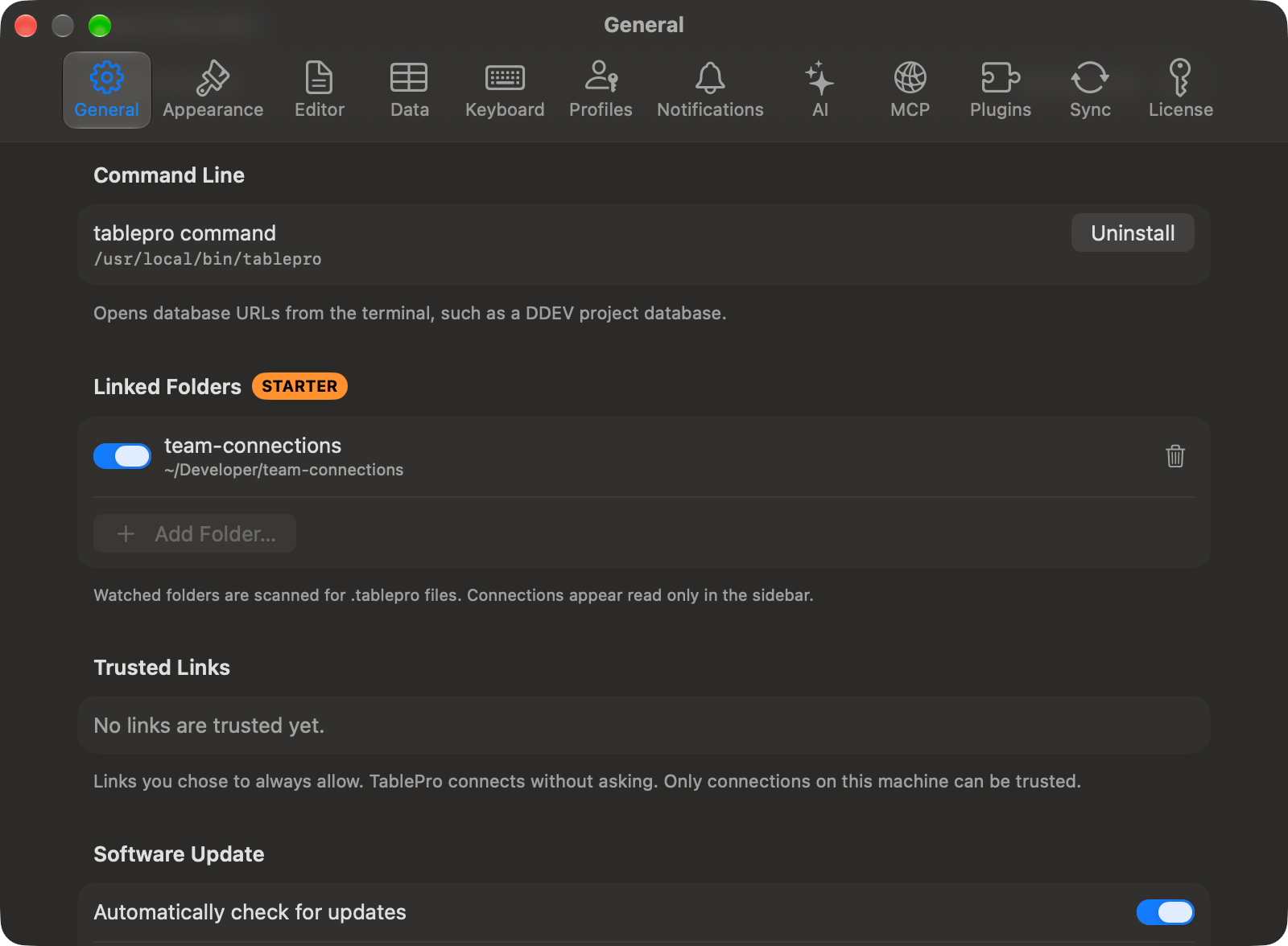 General pane with one linked folder, its on switch and the Add Folder button