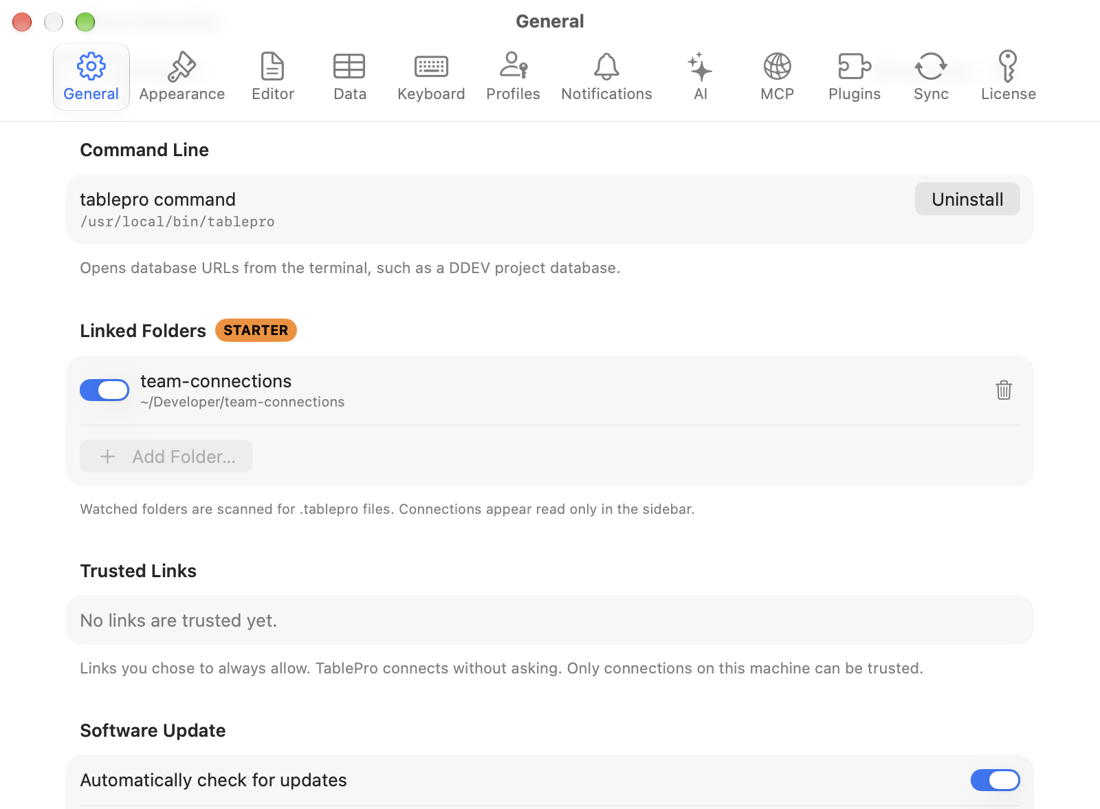 General pane with one linked folder, its on switch and the Add Folder button