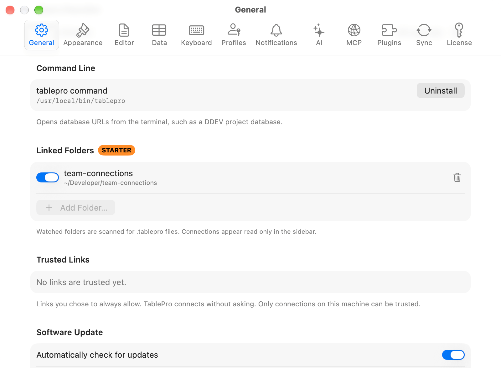 General pane with one linked folder, its on switch and the Add Folder button