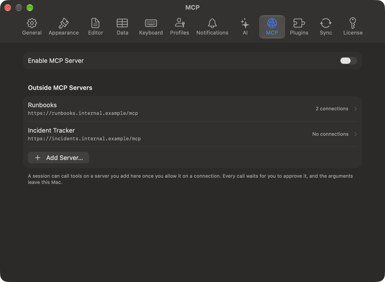Settings pane listing a server with its address and how many connections it reaches