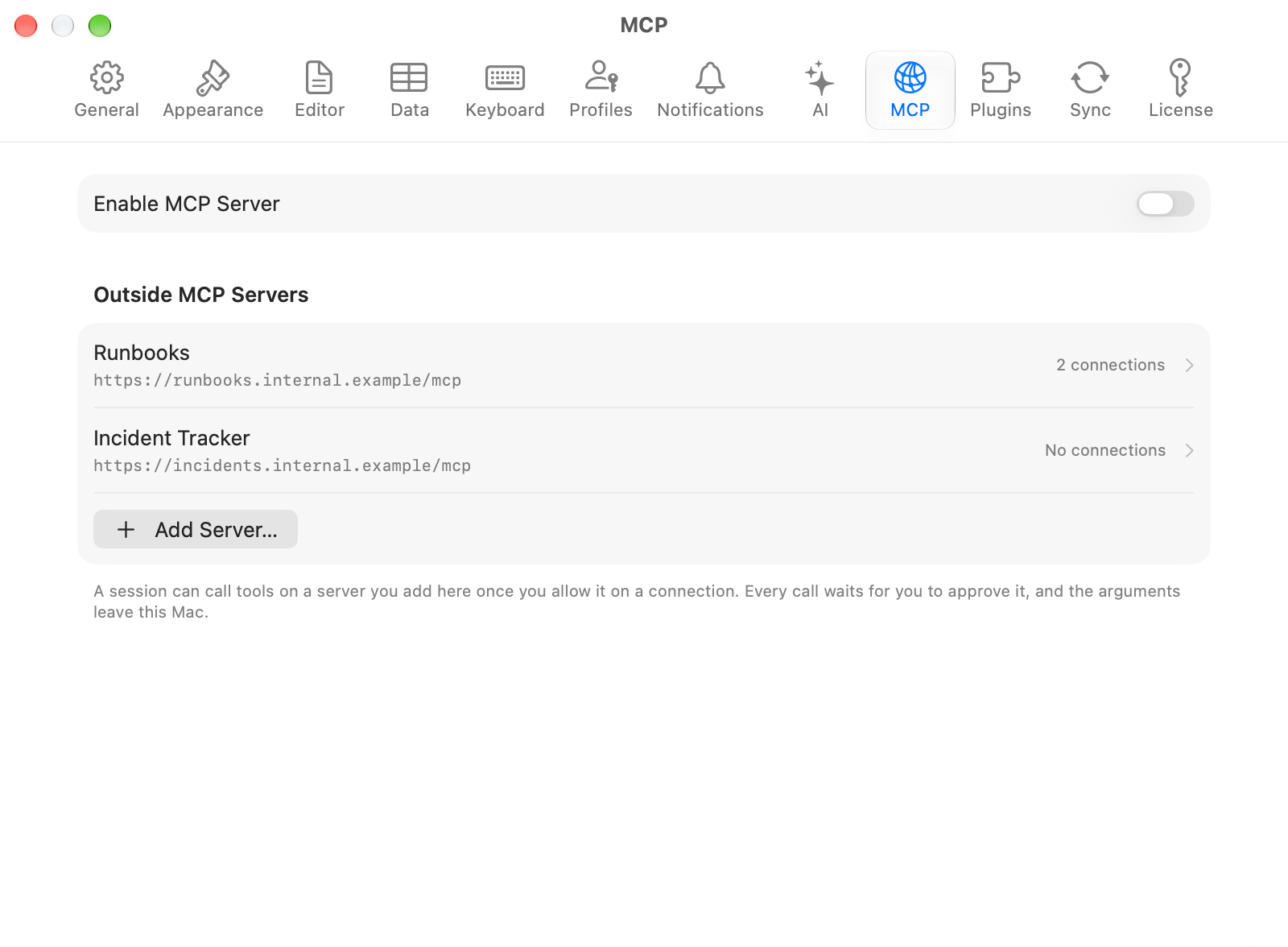 Settings pane listing a server with its address and how many connections it reaches