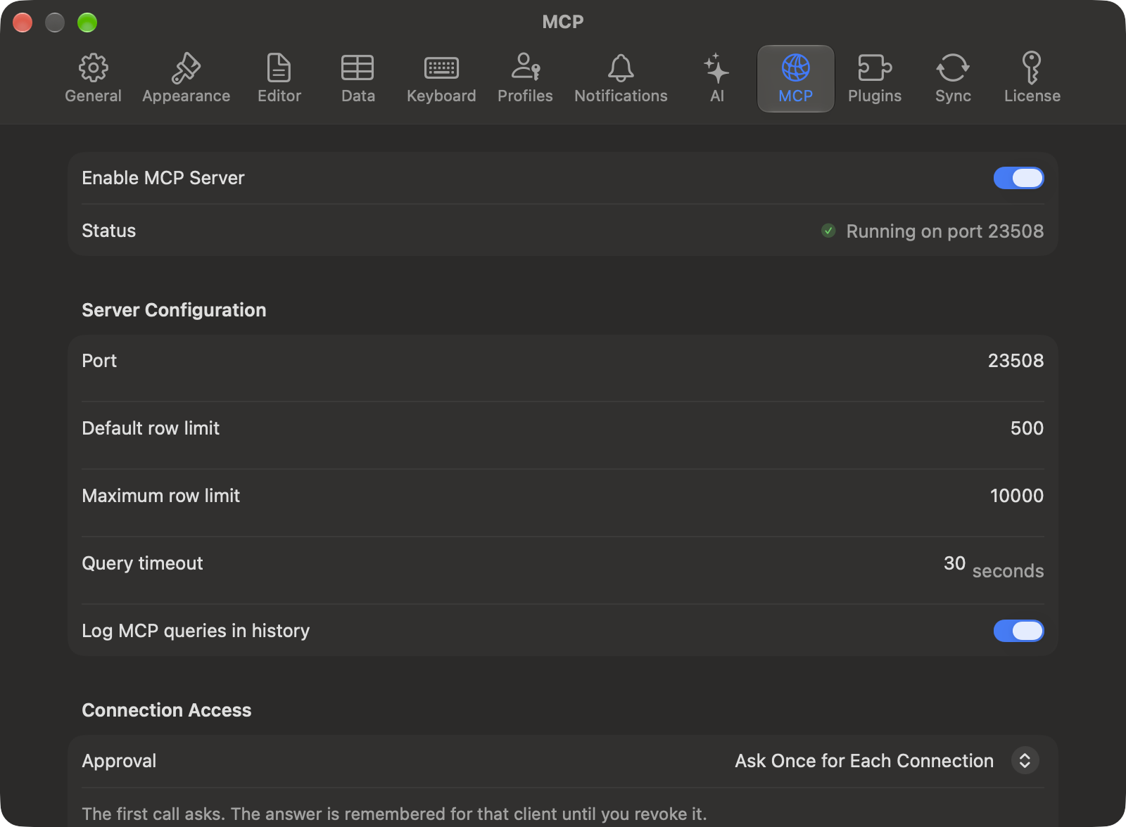 TablePro MCP settings
