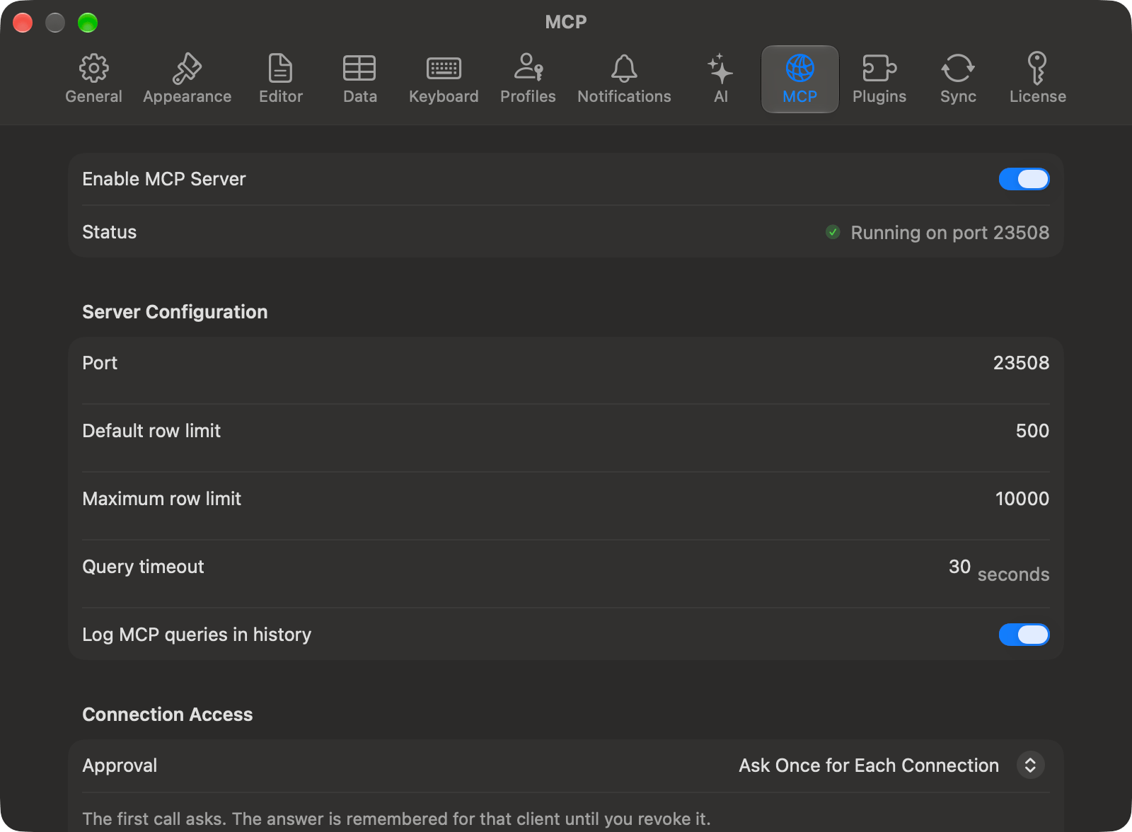TablePro MCP settings